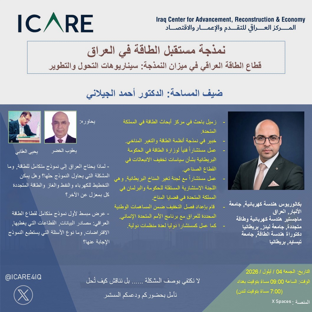 ICARE event poster for modelling Iraq’s energy future, 4 September 2026.
